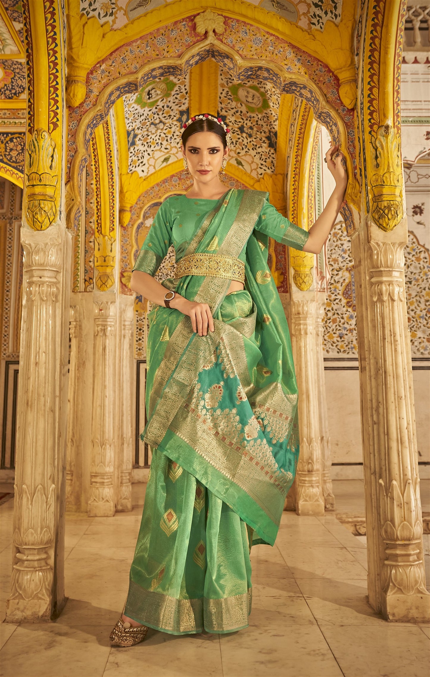 Green Colour Banarasi Tissue Silk Saree