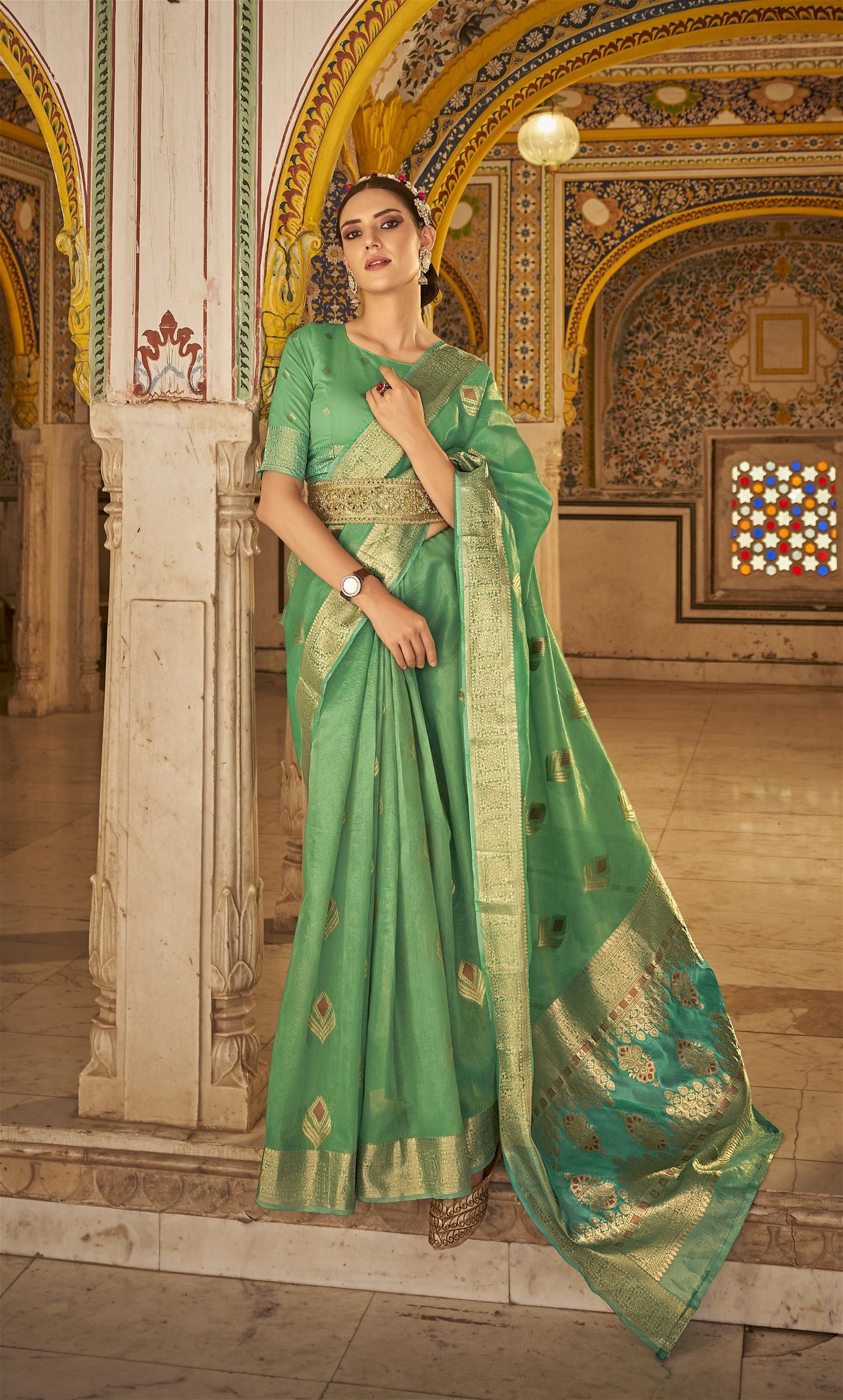 Green Colour Banarasi Tissue Silk Saree