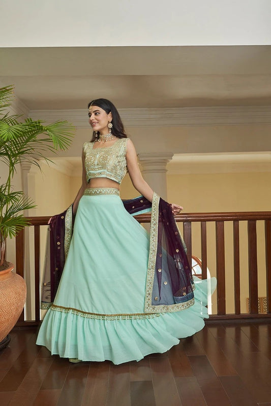 Aqua Green Colour Thread and Embroidery Work Lehenha Choli