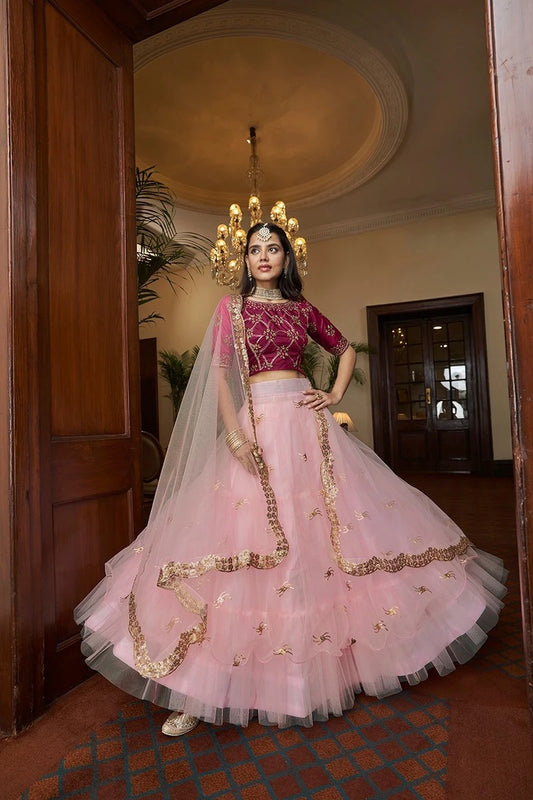 Baby Pink Colour Thread and Embroidery Work Lehenha Choli