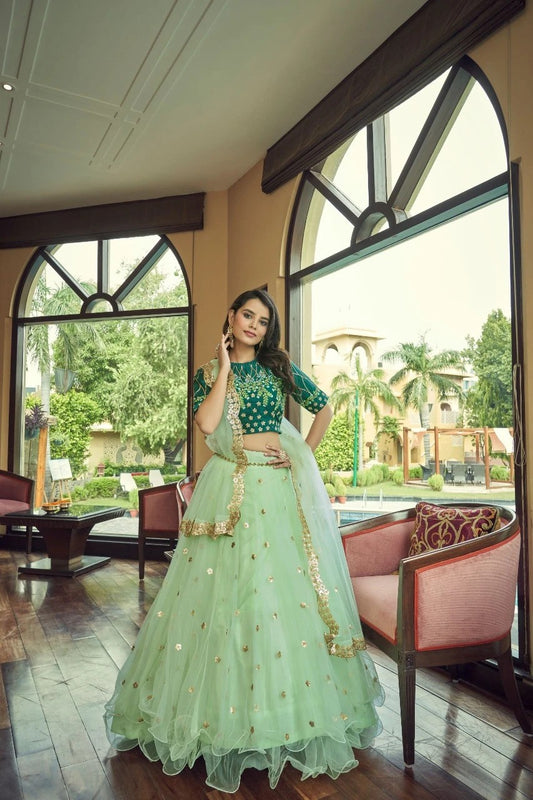 Green Colour Heavy Nylon Net Lehenha Choli