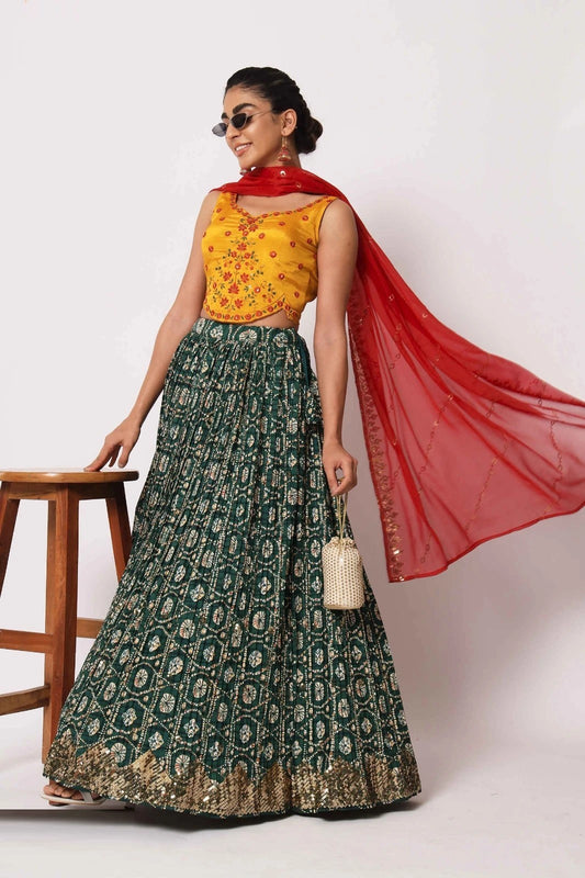 Green Floral Printed Art Silk Lehenga Choli