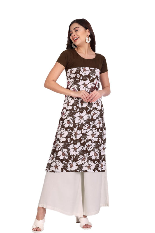 Women's Coffee Colour Printed Crepe Straight Kurti