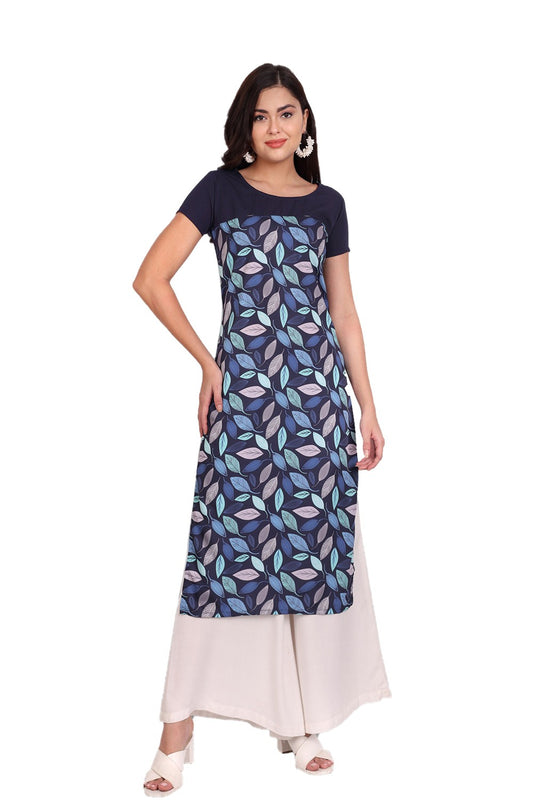Women's Blue Colour Printed Crepe Straight Kurti