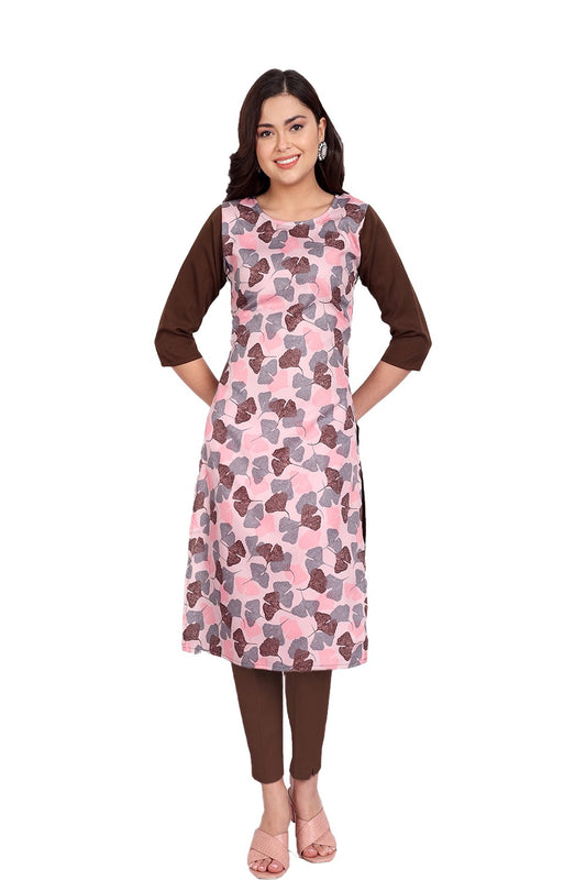 Women's Coffee Colour Printed Crepe Straight Kurti