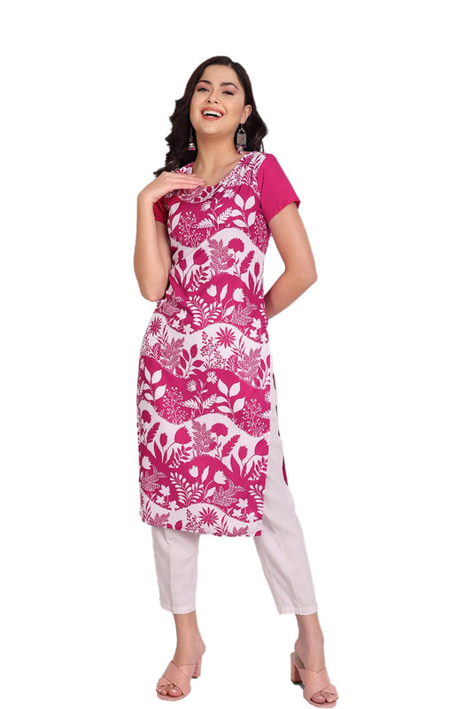 Women's Pink Colour Printed Crepe Straight Kurti