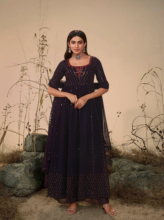 Purple Colour Georgette Party Wear Salwar Kameez with Thread and Embroidered Squence work