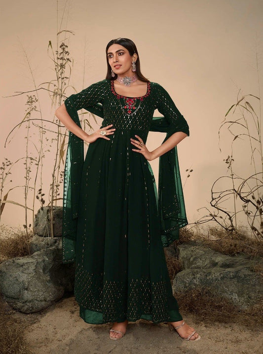 Green Colour Georgette Party Wear Salwar Kameez with Thread and Embroidered Squence work