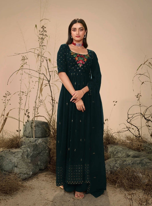 Olive Colour Georgette Party Wear Salwar Kameez with Thread and Embroidered Squence work