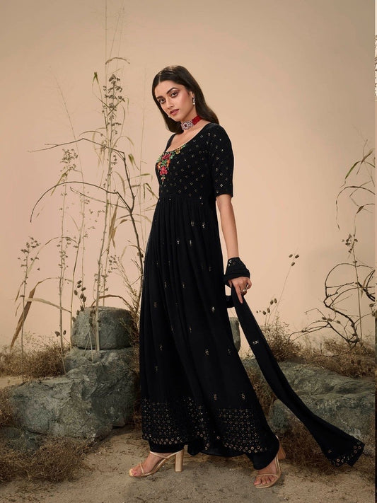 Black Colour Georgette Party Wear Salwar Kameez with Thread and Embroidered Squence work