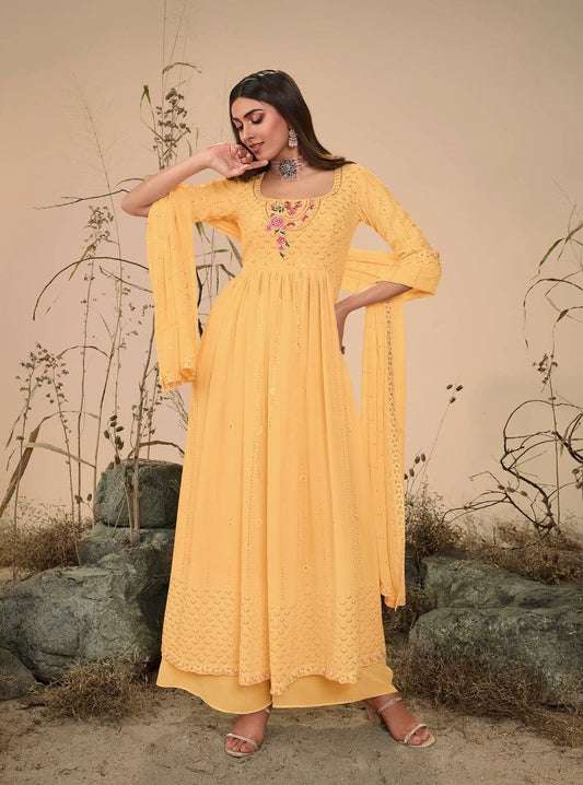 Yellow Colour Georgette Party Wear Salwar Kameez with Thread and Embroidered Squence work