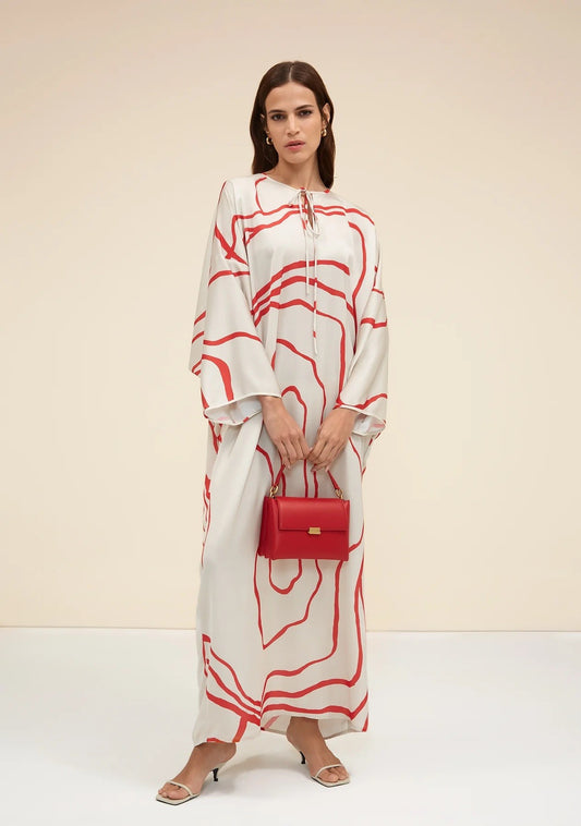 Red Colour Printed Organza Silk Party Wear Kaftan