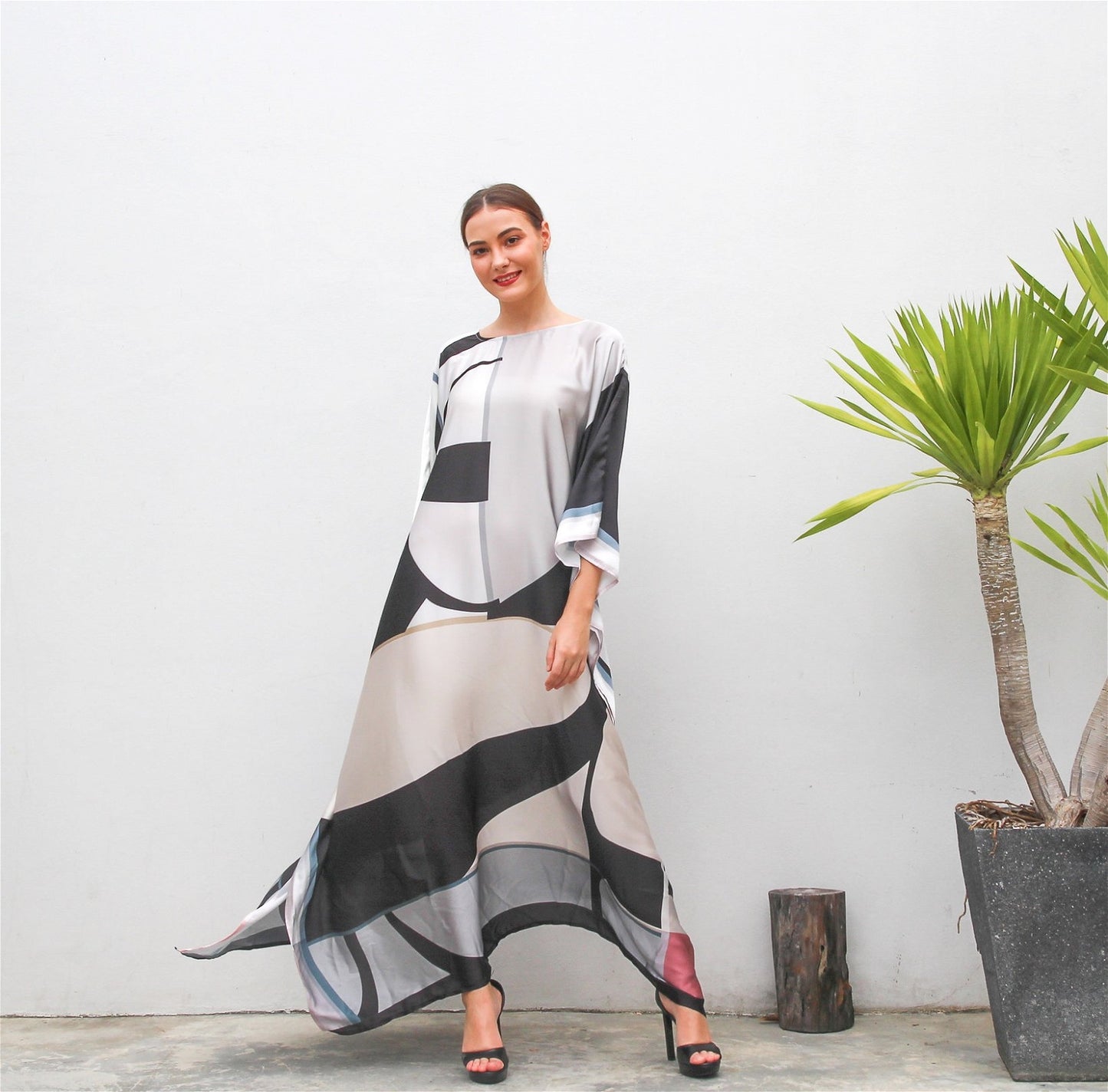 Black Colour Printed Satin Silk Party Wear Kaftan