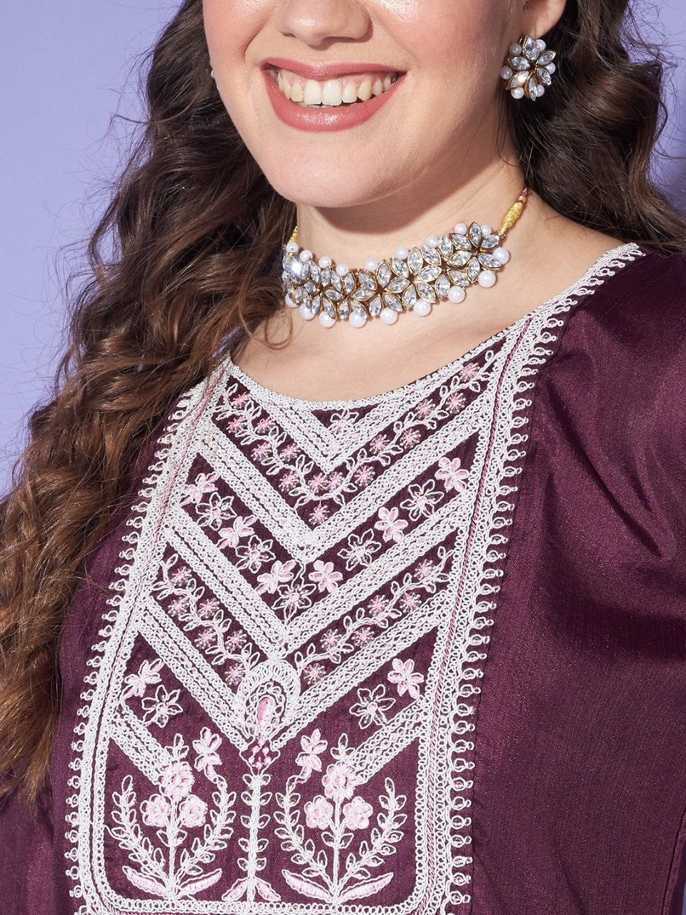 Women's Wine Colour South Silk Kurta Pant With Dupatta Set