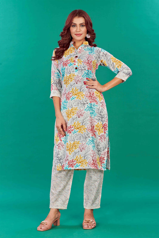 White Colour Cotton Jaipuri Printed Casual Wear Kurta Pant Set For Women's