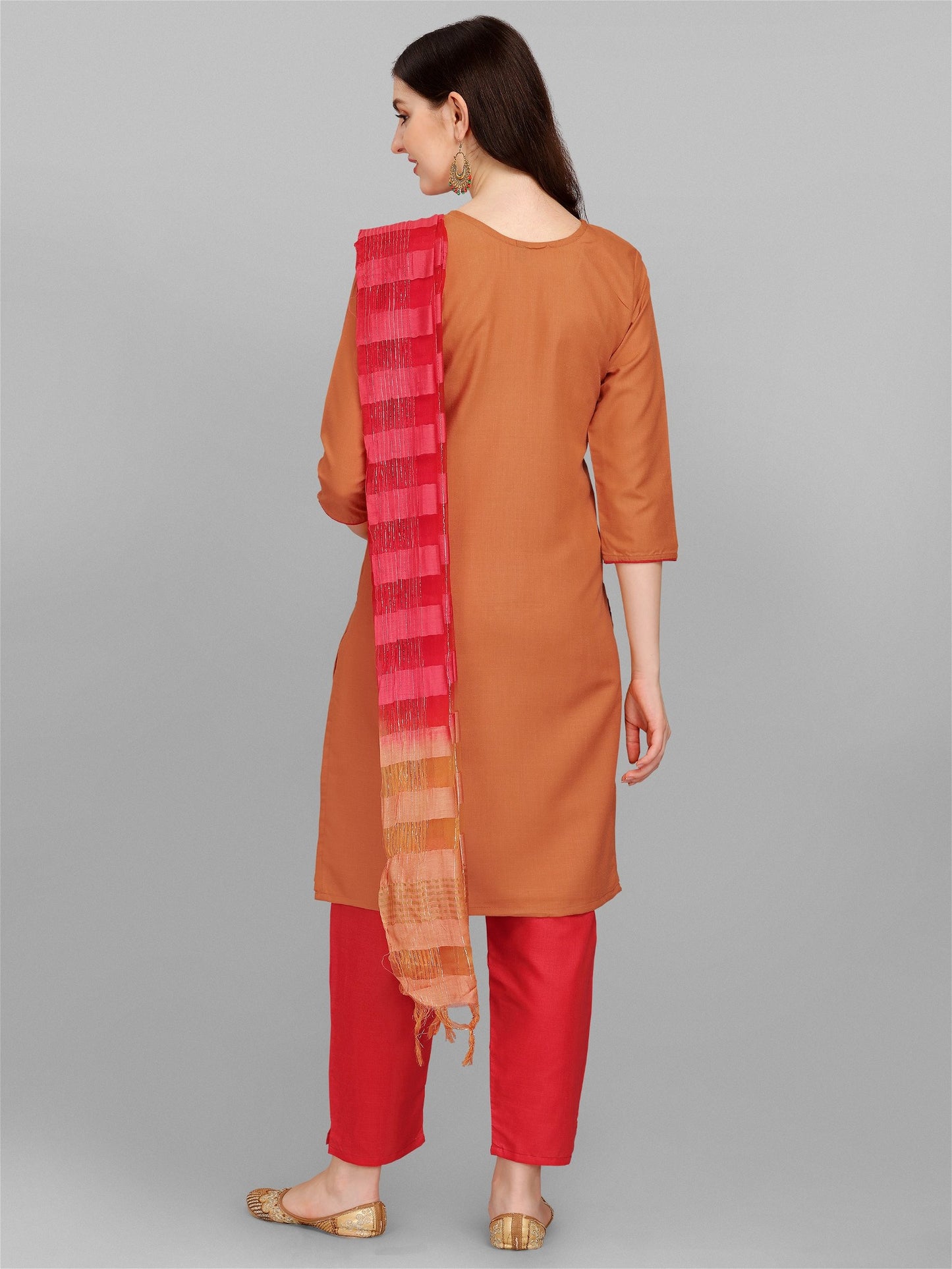 Musterd Colour Slub Cotton Embroidery Kurta Pant Dupatta Set For Women's
