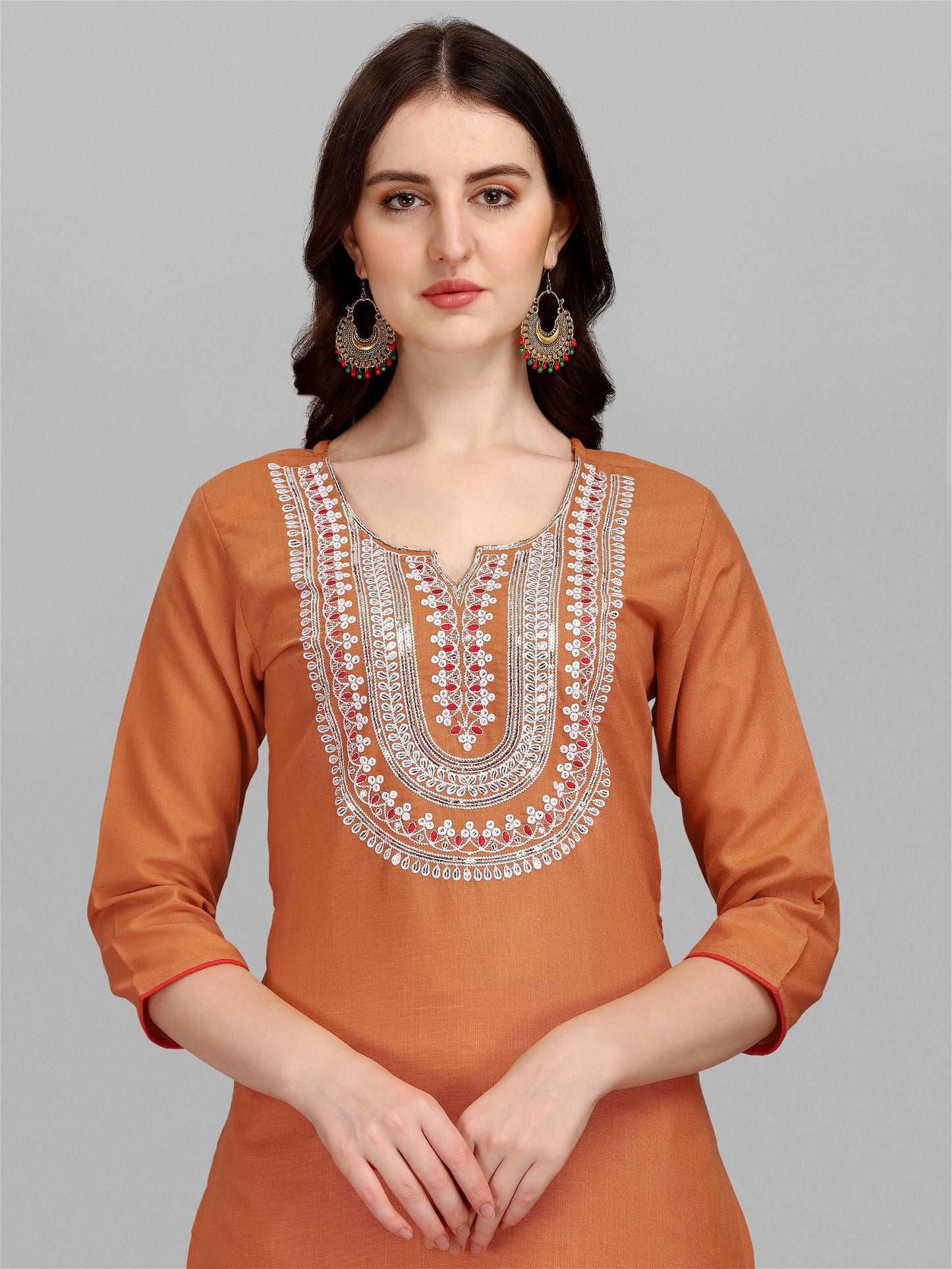 Musterd Colour Slub Cotton Embroidery Kurta Pant Dupatta Set For Women's