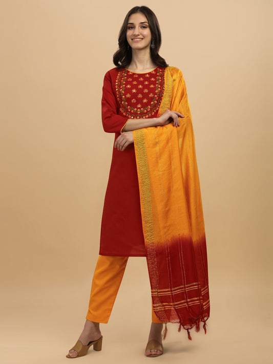 Maroon Colour Slub Cotton Embroidery Casual Wear Kurta Pant Dupatta Set For Women's