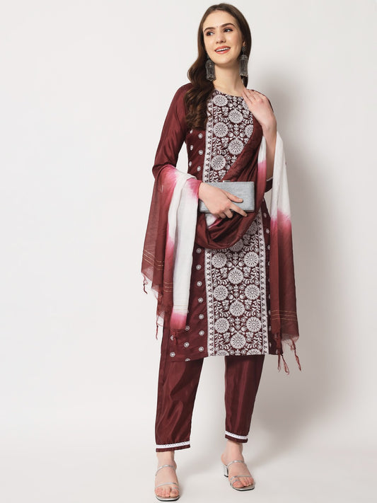 Maroon Colour South Silk Embroidery Work Casual Wear Kurta Pant Dupatta Set For Women's