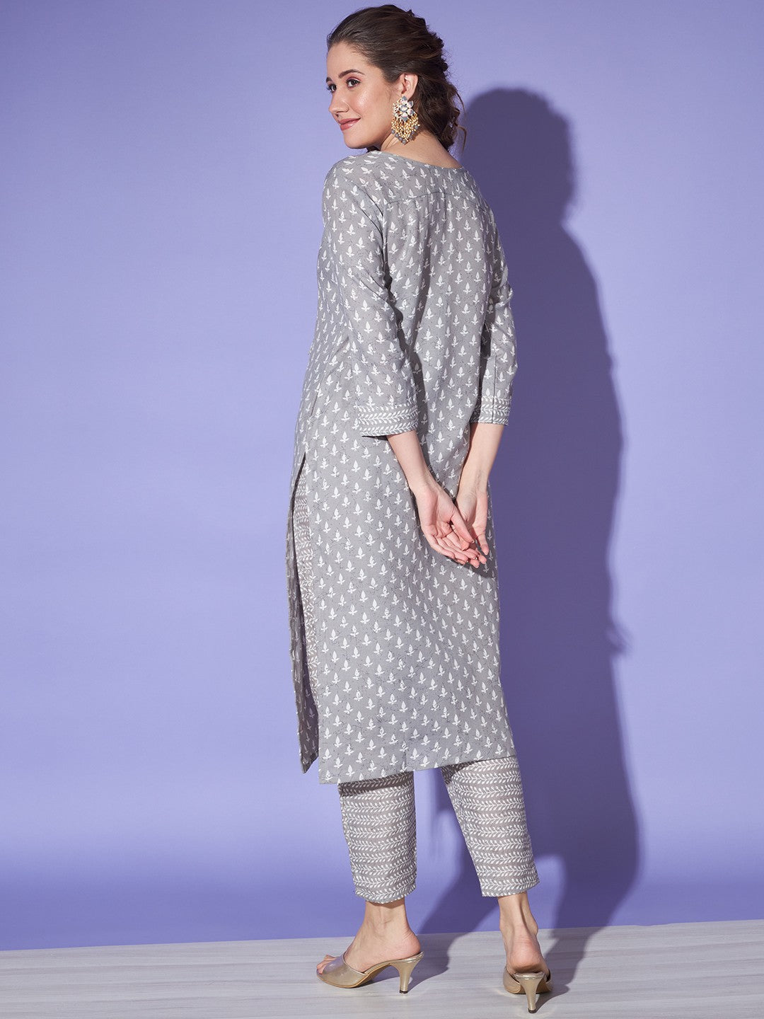 Grey Colour Cotton Jaipuri Printed Casual Wear Kurta Pant Set For Women's