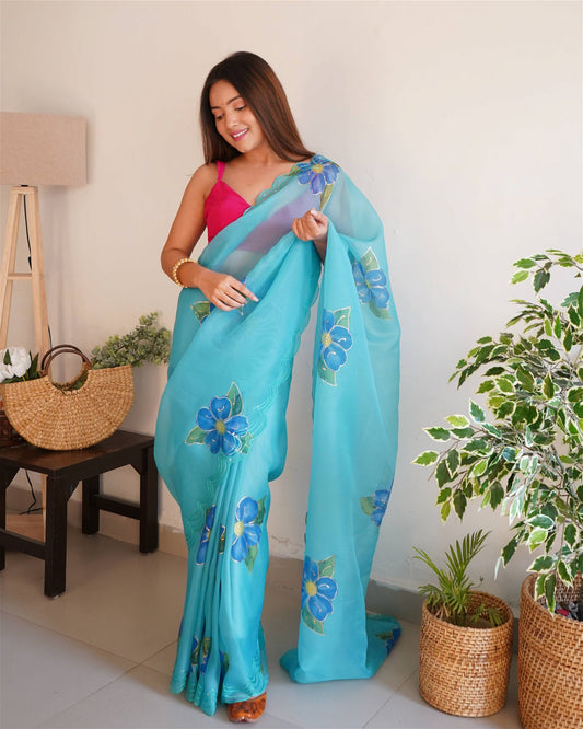 Blue Colour Organza Digital With Foil Print and Hand Work Saree For Women's