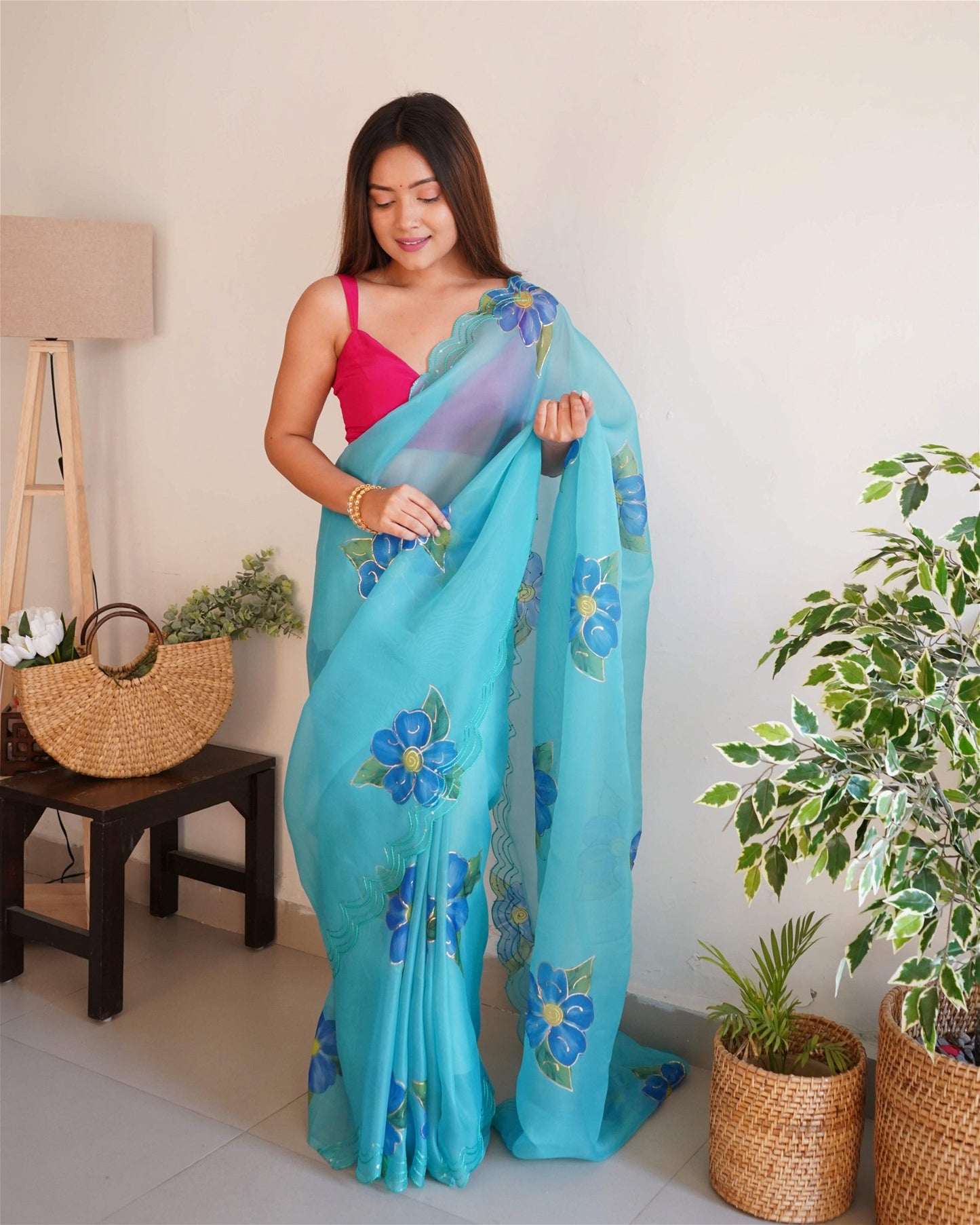 Blue Colour Organza Digital With Foil Print and Hand Work Saree For Women's