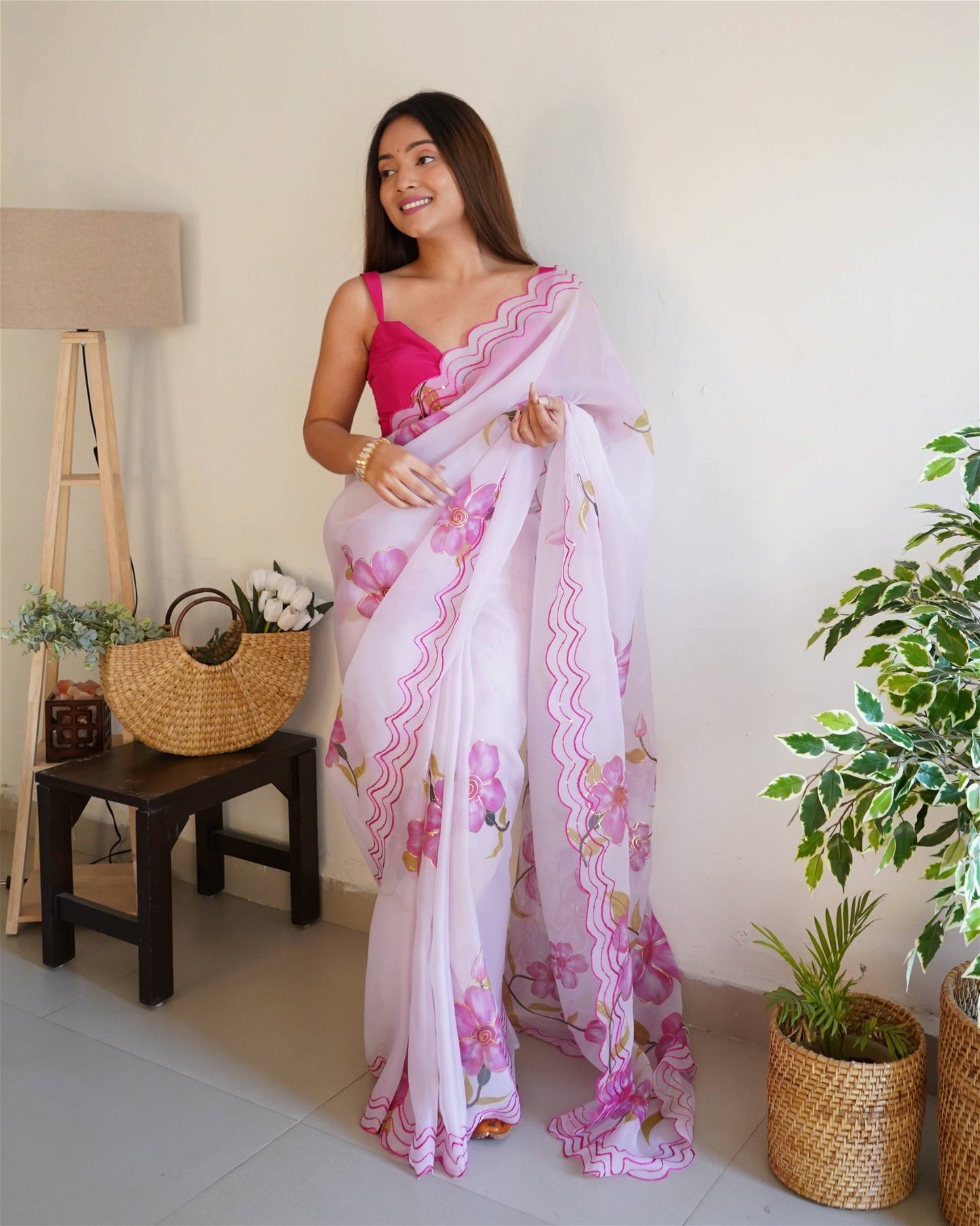Blue Colour Organza Digital With Foil Print and Hand Work Saree For Women's