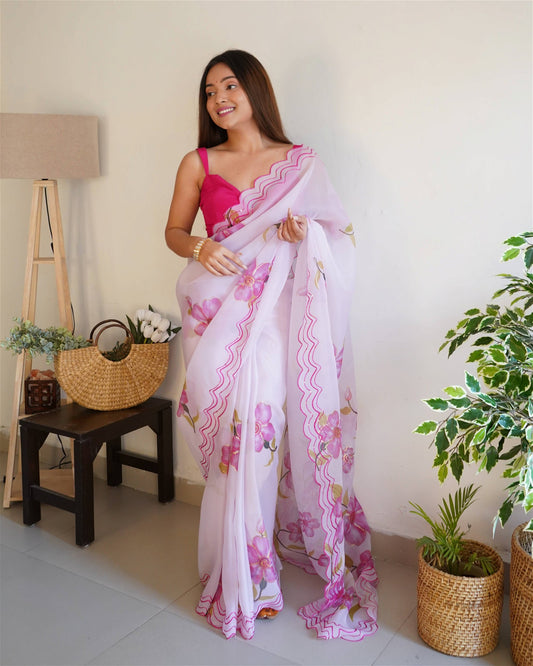 Blue Colour Organza Digital With Foil Print and Hand Work Saree For Women's