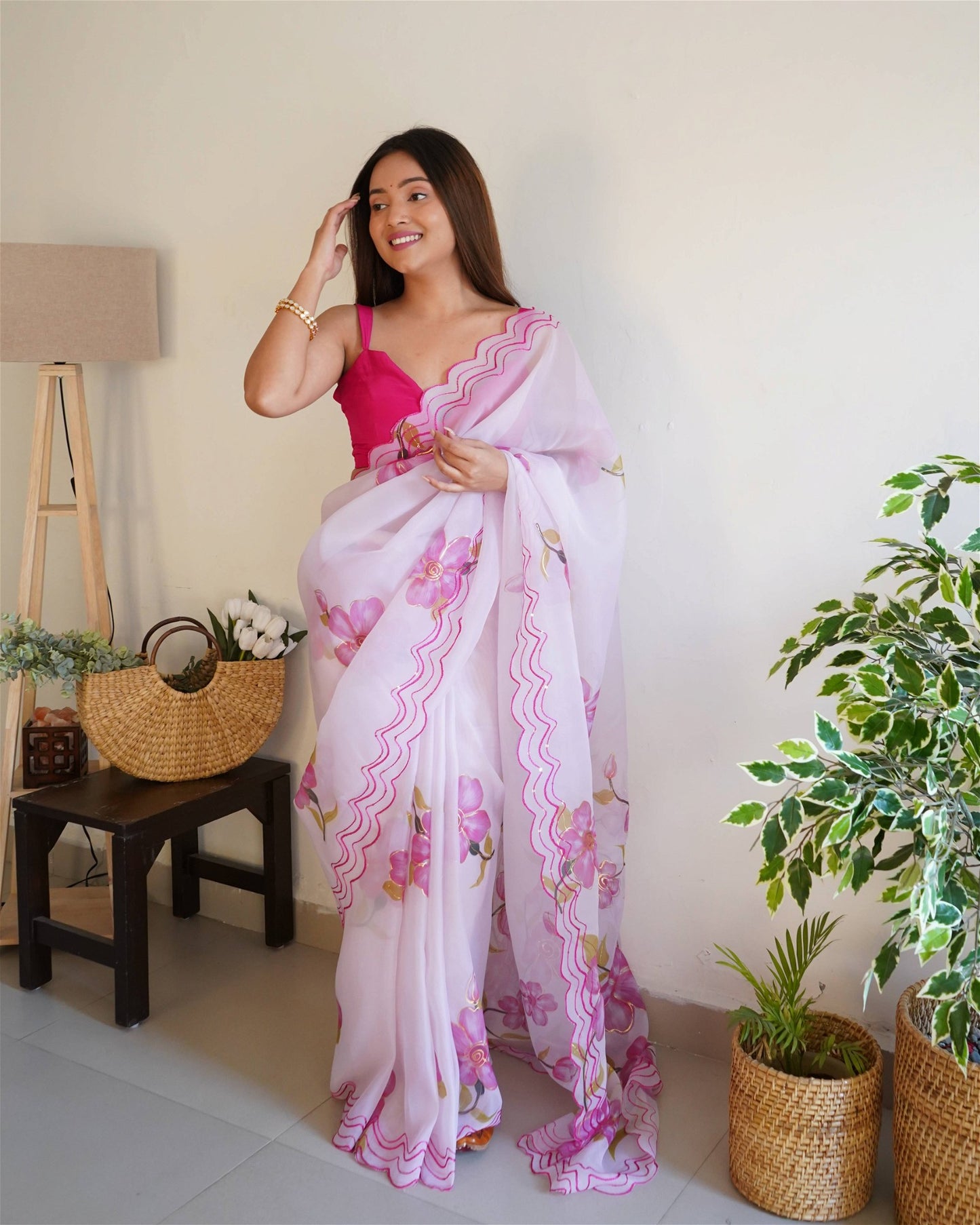 Blue Colour Organza Digital With Foil Print and Hand Work Saree For Women's