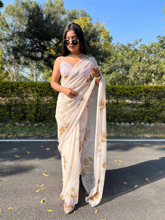 Cream Colour Chiffon Digital With Foil Print Saree For Women's