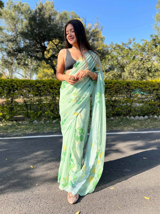 Green Colour Chiffon Digital With Foil Print Saree For Women's