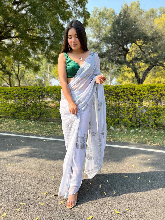 Grey Colour Chiffon Digital With Foil Print Saree For Women's