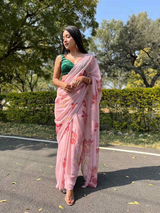 Pink Colour Chiffon Digital With Foil Print Saree For Women's