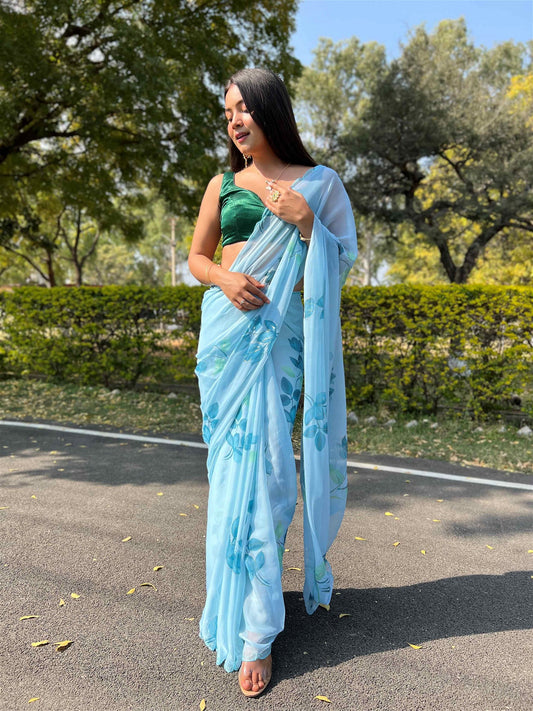 Sky Blue Colour Chiffon Digital With Foil Print Saree For Women's