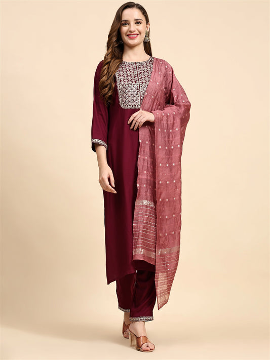 Maroon Colour Blend Silk Embroidery Work Party Wear Kurta Pant Dupatta Set For Women's