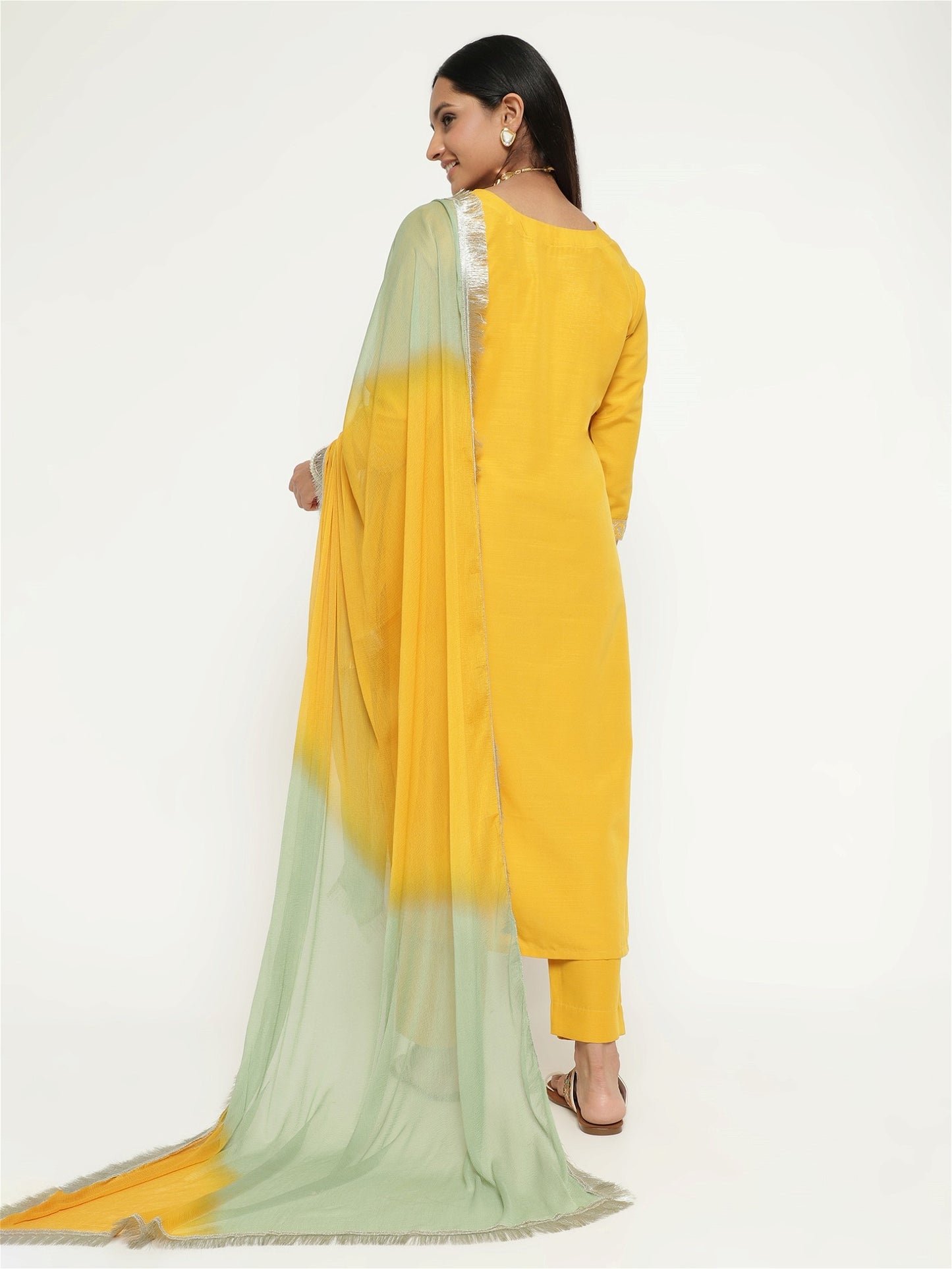 Yellow Colour Blend Silk Embroidery Work Party Wear Kurta Pant Dupatta Set For Women's