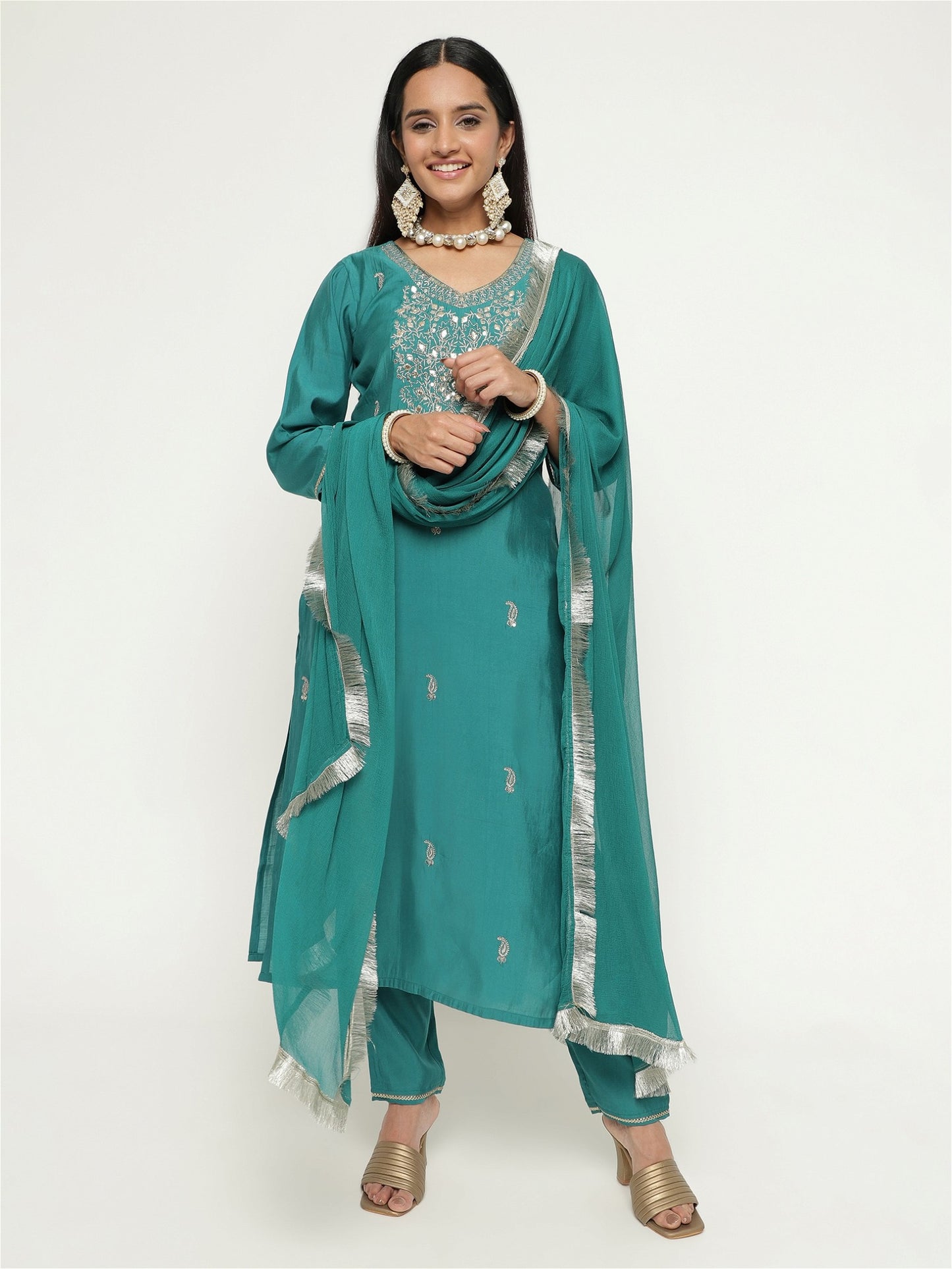 Green Colour Blend Silk Embroidery Work Party Wear Kurta Pant Dupatta Set For Women's