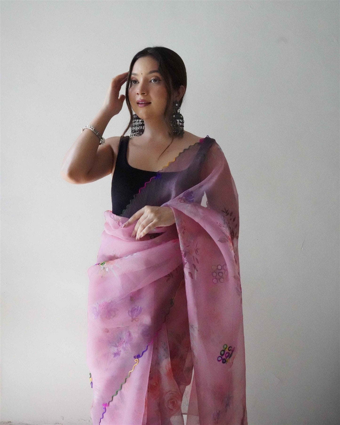 Light Pink Colour Organza Digital Print With Gota Patti Work Saree For Women's