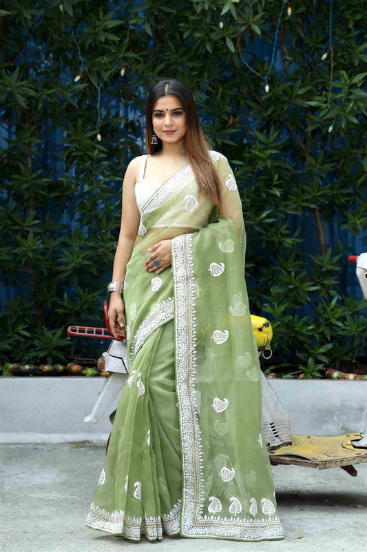 Green Colour Organza Embroidery With Piping Work Saree For Women's
