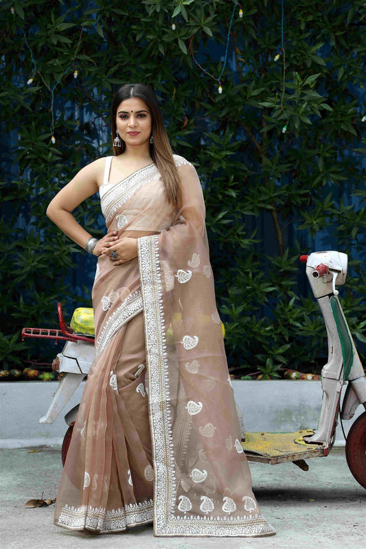Brown Colour Organza Embroidery With Piping Work Saree For Women's