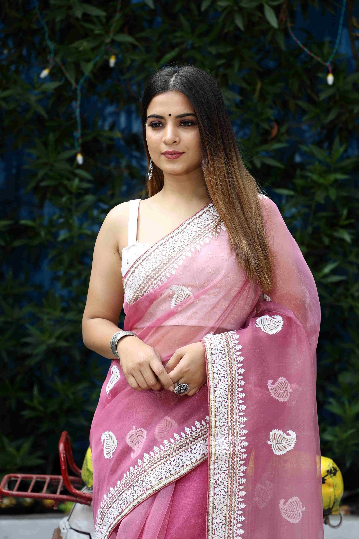 Pink Colour Organza Embroidery With Piping Work Saree For Women's