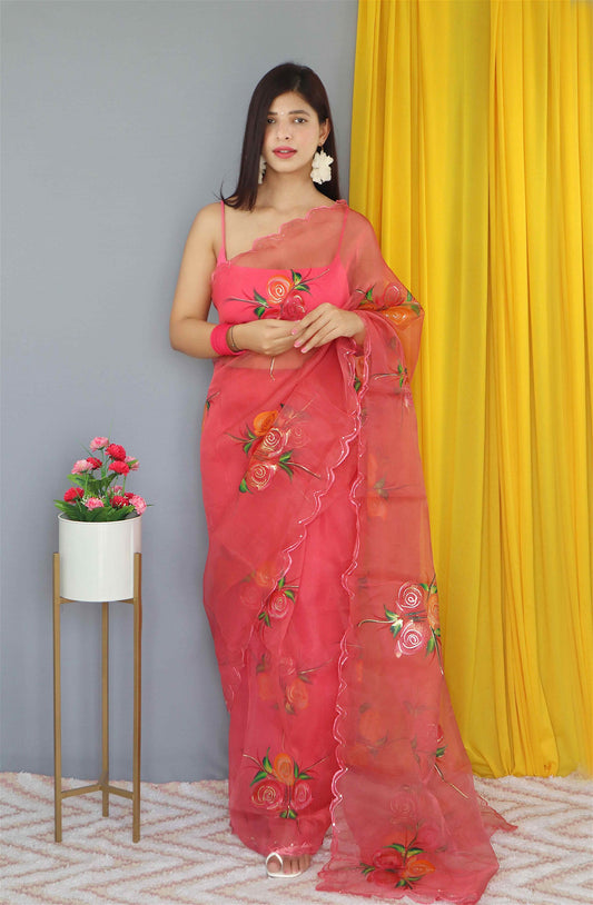 Red Colour Nylon Organza Hand Print With Foil Work Saree For Women's