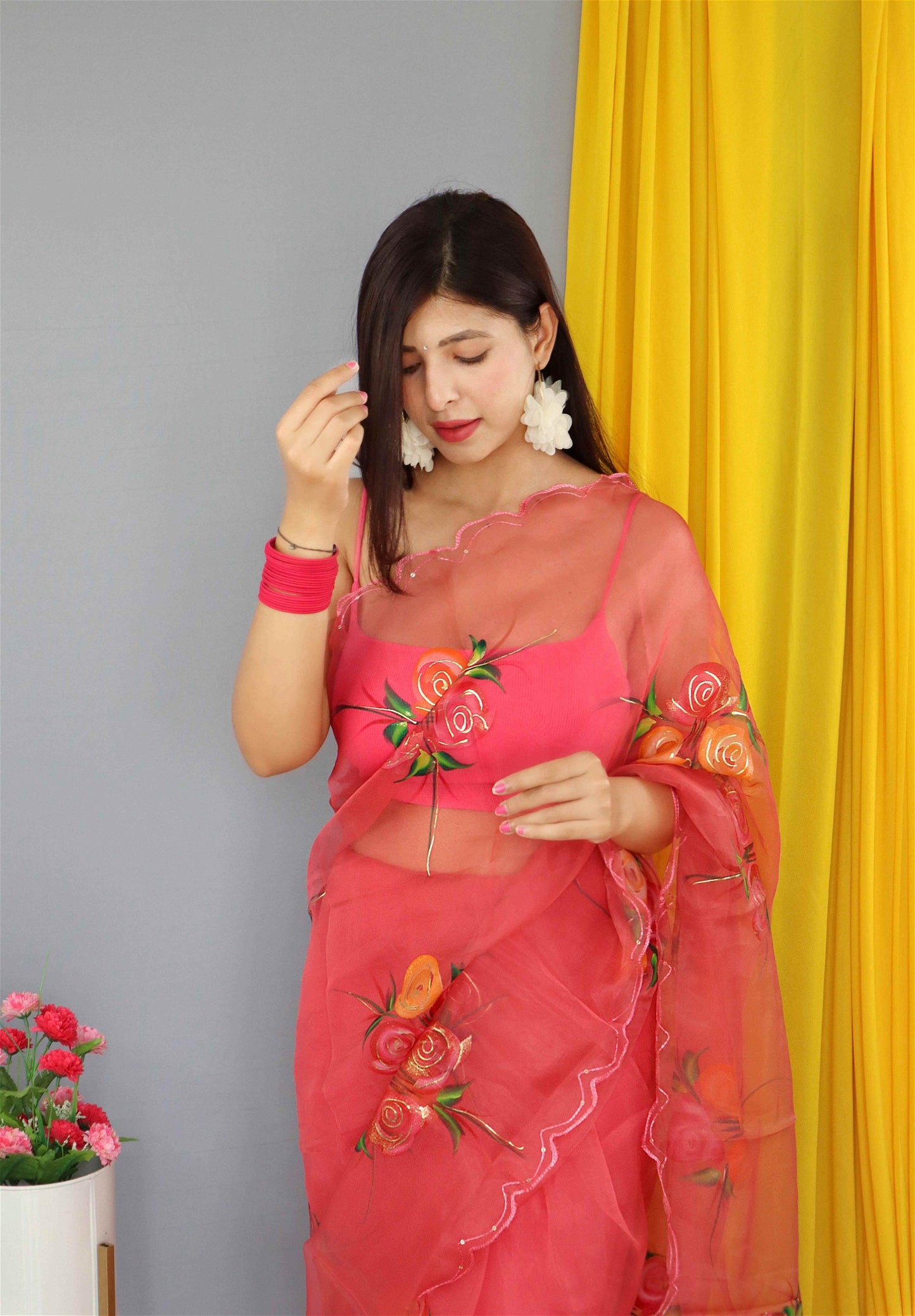 Red Colour Nylon Organza Hand Print With Foil Work Saree For Women's
