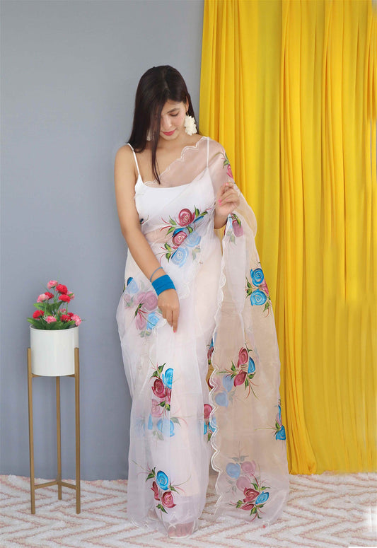 White Colour Nylon Organza Hand Print With Foil Work Saree For Women's