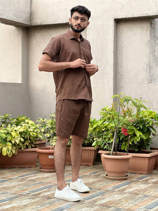 Brown Men's Casual Wear Shirt And Shorts Pair