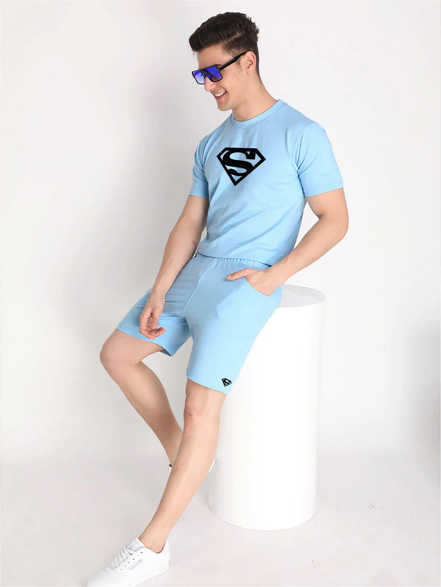 Sky Plain T Shirt Half Sleeve And Shorts With Pocket