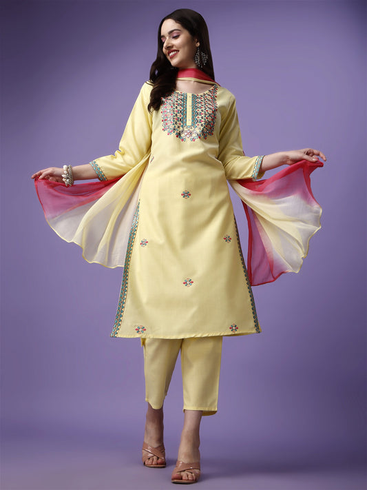 Yellow Party Wear Embroidery Worked Kurta With Pant And Duppata Set