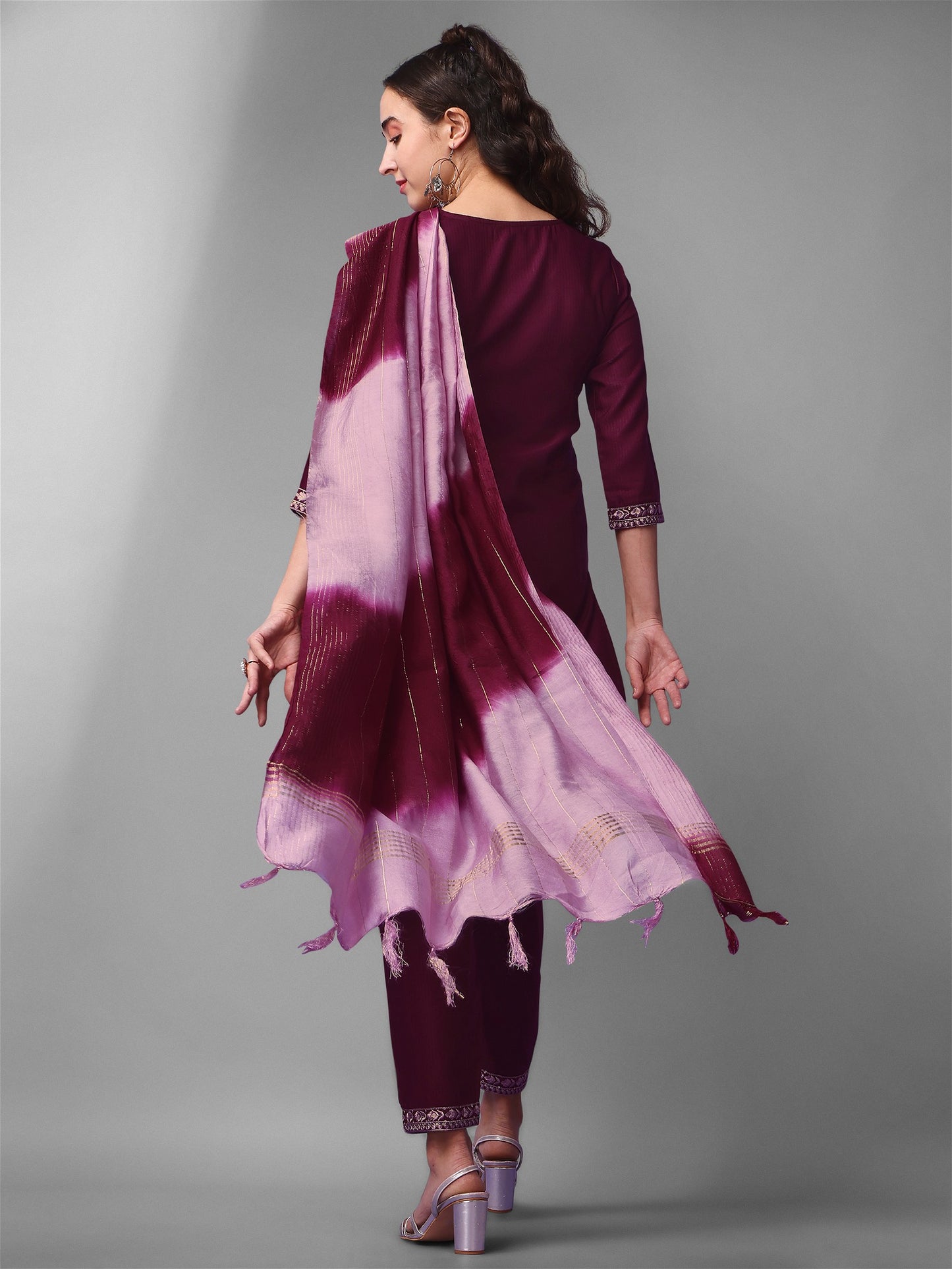 Purple Party Wear Embroidery Worked Kurta With Pant And Duppata Set