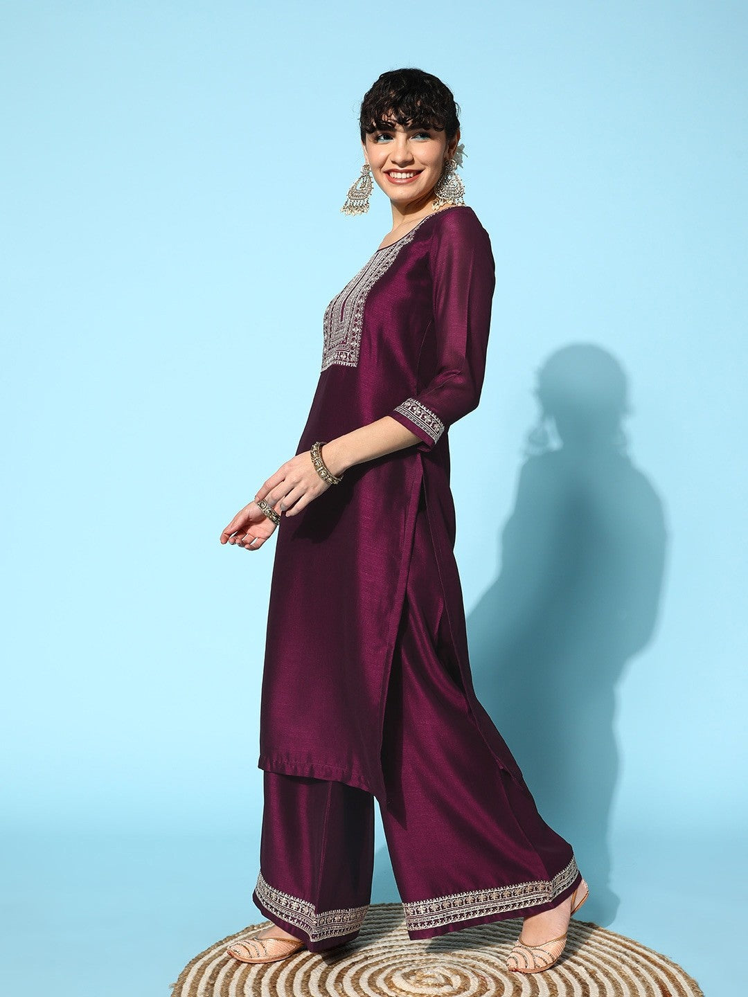 Purple Party Wear Embroidery Worked Kurta With Pant And Duppata Set