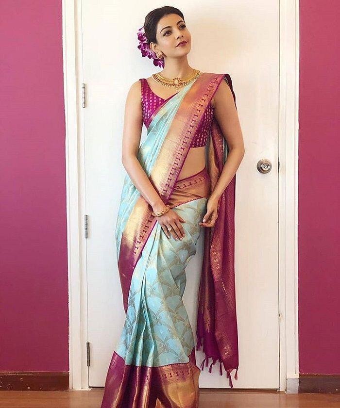 Pink And Sky Blue Lichi Silk Sarees For Women